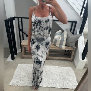 Primi Tie Dye Maxi Dress Gray White Navy Flowing Beach Casual M